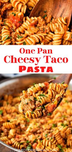 one pan cheesy taco pasta in a skillet with a wooden spoon