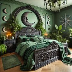 a bed with green sheets and pillows in a room decorated with plants, candles and moon decorations