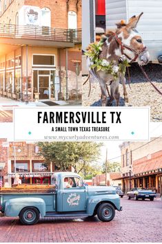 an old blue truck parked in front of a building with the words farmersville tx on it