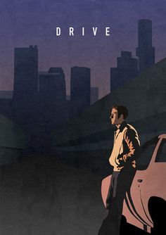 a man standing next to a pink car in front of a cityscape poster