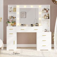 there is a vanity with lights on the mirror and shelving in front of it