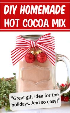 homemade hot cocoa mix in a mason jar with red and white striped bow on top