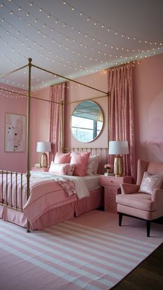 a bedroom with pink walls and curtains