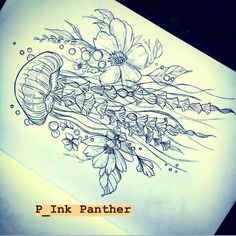 a pencil drawing of flowers and leaves on paper with the words p ink panther written below it