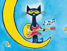 a drawing of a cat playing guitar on the moon