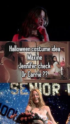 a woman in a white dress holding a microphone with the caption halloween costume idea maxine jennifer check or carrie?