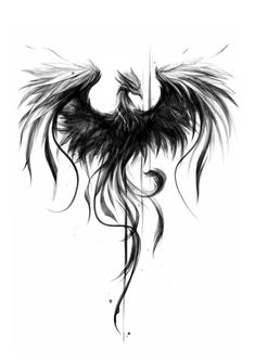 a black and white drawing of a bird with large wings on it's back