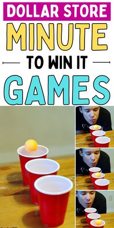 a collage of pictures showing how to play the game with plastic cups and an orange ball