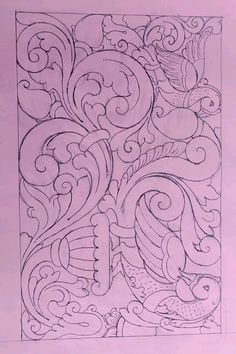 an intricate drawing with birds and swirls on pink paper