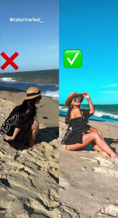 two women are sitting on the beach and one is wearing a hat