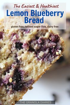 a close up of a piece of blueberry bread with the title text overlay