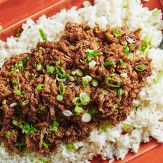 a red plate topped with rice and ground beef covered in green onion sprinkles