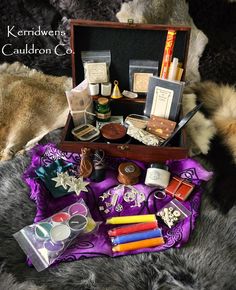 an open suitcase filled with assorted items on top of a fur rug