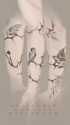 the legs are decorated with birds on branches and leaves, as well as red berries