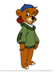 a cartoon bear wearing a green jacket and blue hat with his head turned to the side