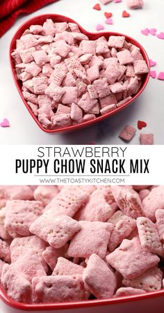 strawberry puppy chow chex mix in a heart shaped bowl with the title above it