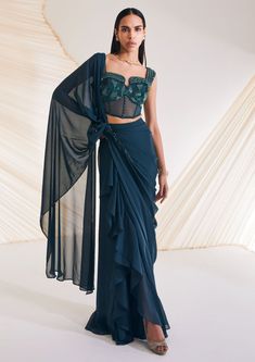 Divya Aggarwal-Hertha Evergreen Embellished Sari With Corset-INDIASPOPUP.COM Saree With Corset, Pant Saree, Sequin Corset, Neeta Lulla, Green Corset, Corset Blouse, Dance Paintings, Green Tulle, Ruffle Saree