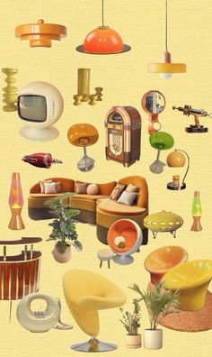 an assortment of furniture and lamps are shown in this graphic art work, with different shapes and sizes