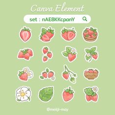 a set of stickers with strawberries and flowers