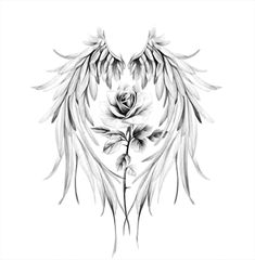 a black and white drawing of an angel's wings with flowers in the middle