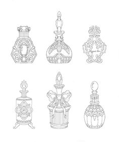 six different types of perfume bottles with designs on the front and back, all drawn in one line