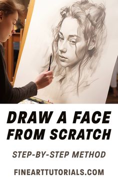 a woman is drawing on a piece of paper with the words draw a face from scratch