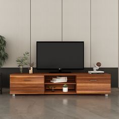 an entertainment center with a flat screen tv and potted plants on the side table