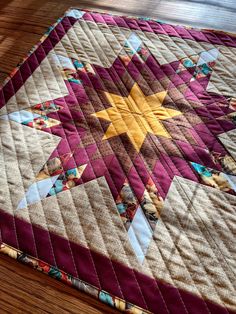 a close up of a quilt on a wooden floor