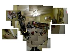 a room filled with lots of clutter next to a ceiling fan