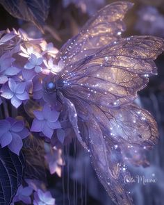 a purple butterfly with water droplets on its wings and some flowers in the foreground