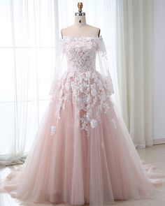 Lace Wedding Dress with Sleeves Pink Tulle Lace Appliques A-Line vestidos de novia Off-shoulder Beautiful Wedding Gown on Storenvy Pink Wedding Gowns, Lace Wedding Dress With Sleeves, Long Formal Dress, Pink Wedding Dress, Beautiful Wedding Gowns, Pink Prom Dress, Long Sleeve Dress Formal, Long Sleeve Evening Dresses, Pink Prom