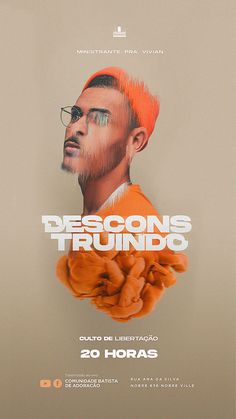 a man with orange hair and glasses in front of a poster for the movie descons trundo