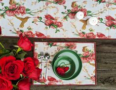 placemat, table runner, spring, summer, floral, kitchen, dining room, red roses, birds, tapestry, dining, dining table Cottage Traditional, Easter Kitchen, Floral Placemats, Toile Pattern, Ivory Background, Kitchen Table Decor, Woven Tapestry, Chic Cottage