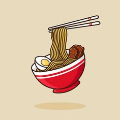 a red bowl filled with noodles and chopsticks on top of it, against a beige background