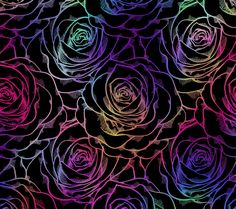 a bunch of roses that are painted in different colors on a black background with the same color