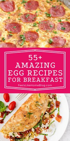 an egg and pepperoni pizza on a plate with the words 5 amazing egg recipes for breakfast