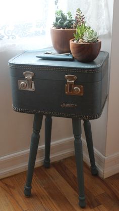 an old suitcase turned into a side table with plants on it and a potted plant sitting on top