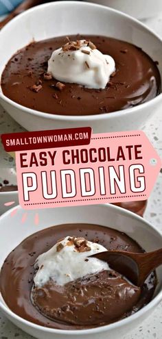 two bowls filled with chocolate pudding and whipped cream