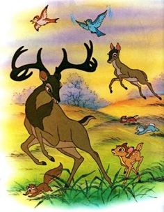 an animated scene with deer, birds and other animals in the background is colored by hand