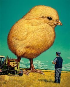 a painting of a man standing next to a chicken in a field with a tractor behind him