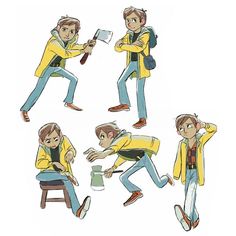 the man is doing different poses in his yellow jacket and blue jeans, while holding a spatula