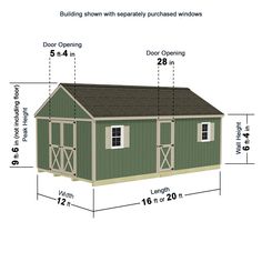 a shed with measurements for the roof and side walls, shown in white text on a green background