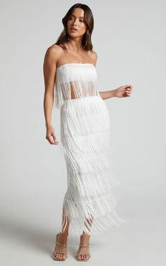 Amalee Fringe Strapless Crop Top and Midi Skirt Two Piece Set in White | Showpo USA Bachelorette Party Outfit Black, Bachelorette Looks, Black Fringe Skirt, Hens Weekend, Crop Top And Midi Skirt, Welcome Drinks, Bride Vibes, Bachelorette Inspo, Bridal Wardrobe