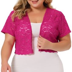 These shrugs exude femininity and add a touch of sophistication to your look. Crafted from lightweight and breathable materials, these shrugs ensure that you can stay comfortable and cool even during the hottest summer days. Pair them with dresses, tops, or camisoles to create stylish outfits for any occasion. Dress it up or down with ease. The delicate lace detailing of these shrugs adds a romantic and sophisticated touch to your ensemble. The allover lace design makes them a standout piece in Shrugs For Women, Cropped Shrug, Sleeve Crochet, Perfect Curves, Plus Size Lace, Plus Size Brands, Plus Size Halloween, Shrug Cardigan, Plus Size Coats