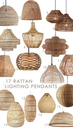 rattan hanging pendants with different sizes and colors, including one light fixture in the middle