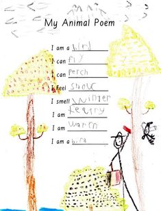 a child's drawing of a person holding an umbrella with the words, my animal poem