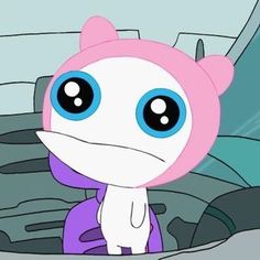 a cartoon character sitting in the passenger seat of a car with big eyes and pink hair