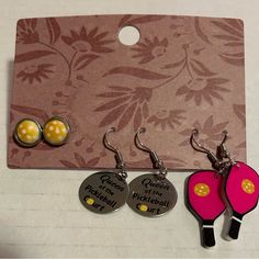 Pickleball Earring Set That Is Brand New Set Includes 3 Pairs That Are Yellow And White Polka Dot Stud, Queen Of The Pickleball Court Dangle, And Paddle Dangle. If You Have Any Additional Questions Please Let Me Know! All Offers Welcome Pickleball Court, Pickleball, White Polka Dot, Yellow White, Earring Set, Queen, Dangle Earrings, Women Jewelry, Yellow