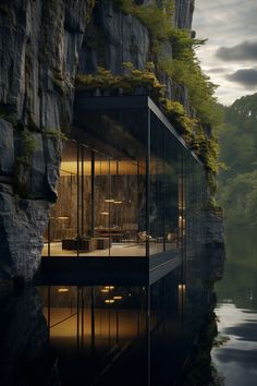 a house built into the side of a cliff next to a body of water at night