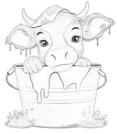 a drawing of a cow sticking its head out of a bucket filled with ice cream